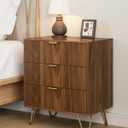 Walnut Dresser for Bedroom, Modern Fluted 3 Drawer Dresser with Storage, Dresser Chest of Drawers with Gold Handles for Bedroom, Living Room, Closet, Hallway, 15.8" D x 23.6" W x 27.6" H
