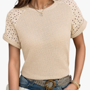 Women's Waffle Knit Tops Going Out Short Sleeve T Shirts Trendy Summer Tunic Casual Hollow Out Crochet Blouses, L