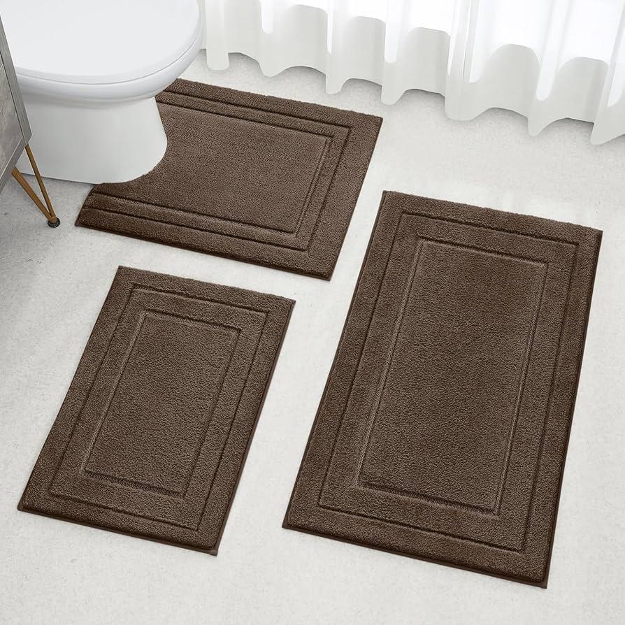  Bathroom Rug Set 3 Piece Non-Slip Soft Absorbent Bath Mats Solid Color Floor Mat U-Shaped Toilet Mat Toilet Lid Cover for Tub Shower Bathroom (Brown)