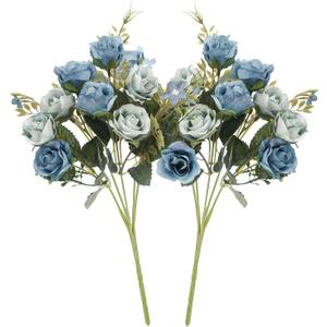 5 Stems 10 Heads Artificial Flowers Small Roses with Leaf Bouquet for Valentines Decoration Kitchen Wedding Office (2 Pack, Blue)
