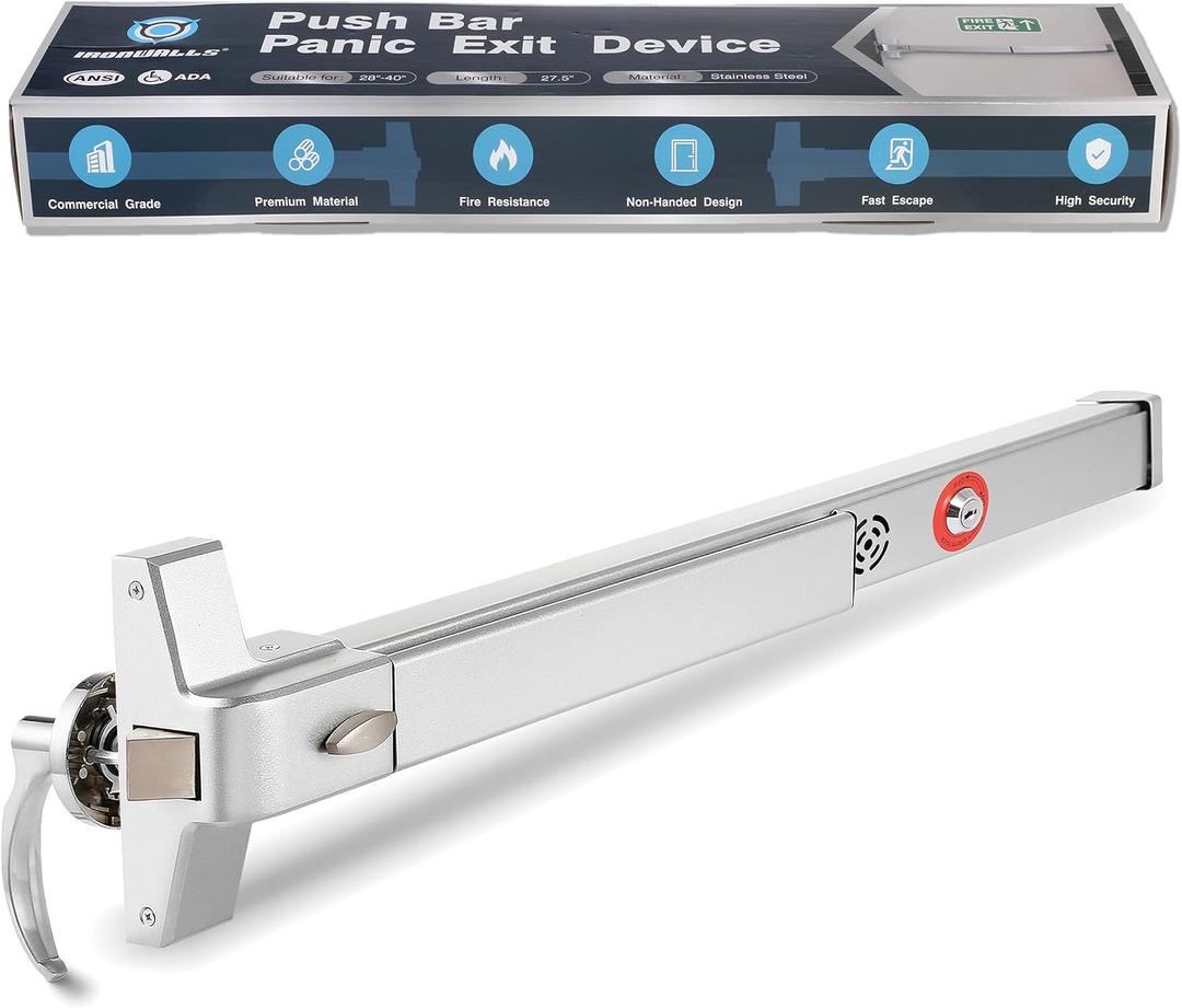 IRONWALLS Push Bar Panic Exit Device with Alarm & Exterior Lever, 70cm/27.5 Long Alarmed Emergency Exit Door Push Bar Lock, Fireproof Commercial Panic Door Hardware for Doors 27.5-41 Wide