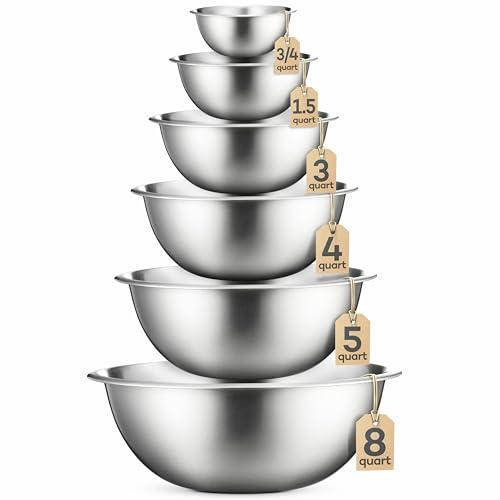 FineDine Stainless Steel Mixing Bowls Set, Dishwasher Safe, Up To 8 Quart Metal Mixing Bowls For Kitchen, Nesting, Large, Small, Big Food Prep, Cooking, Baking 5 Pack