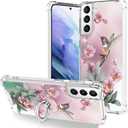 OOK Clear Case Compatible with Samsung Galaxy S21 Plus 5G, Pink Hummingbird Pattern Flexible TPU Shockproof Anti-Scratch Bumper Transparent Cover for Galaxy S21 Plus 5G with Ring Kickstand