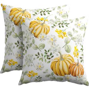 Pumpkin Fall Pillow Covers 18x18 Set of 2 Yellow Saga Green Leaf Autumn Floral Thanksgiving Pillow Cases Outdoor Decorative Holiday Cushion Cover Rustic Decoration Farmhouse Home Sofa Couch Bed Decor