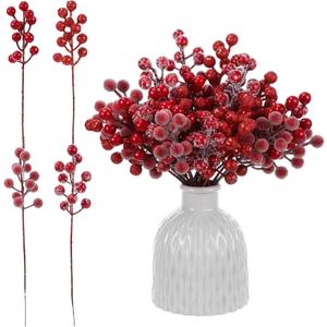 Syhood 40 Pcs 9.8 Inch Red Christmas Artificial Holly Berry Picks Stems Set, 4 Styles Glitter Sprays Snowy Fake Berries Christmas Tree Branches Fillers Ornaments DIY Party