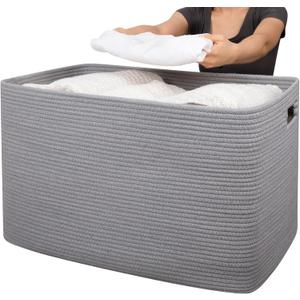 OIAHOMY 118L XXXLarge Cotton Rope Storage Basket, Oversized Blanket Basket, Used for Organizing Dirty Clothes in Living Room, Bedroom, Nursery, Dog Toy Storage Bins, 25" x 17" x 16",Grey