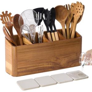 Wooden Utensil Holder for Kitchen Counter, Acacia Wood Kitchen Utensil Holder for Countertop with 4 Compartment, Cooking Utensil Organizer, Silverware Caddy (Acacia Wood, 4Compartment)