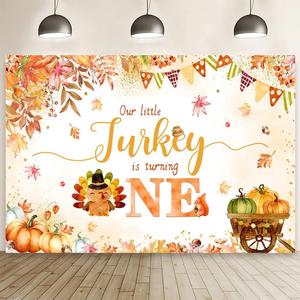 MEHOFOND 7x5ft Thanksgiving Birthday Backdrop, Our Little Turkey is Turning One Birthday Banner, Fall Pumpkin Maple 1st Party Decorations, Autumn Turkey First Birthday Party Decor Photo Props