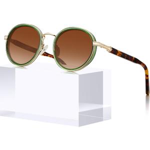 CARFIA Acetate-Metal Frame Round Sunglasses for Women Polarized UV Protection Stylish Designer Eyewear CA1951 (1.translucent Green Frame + Gradual Brown Lens)