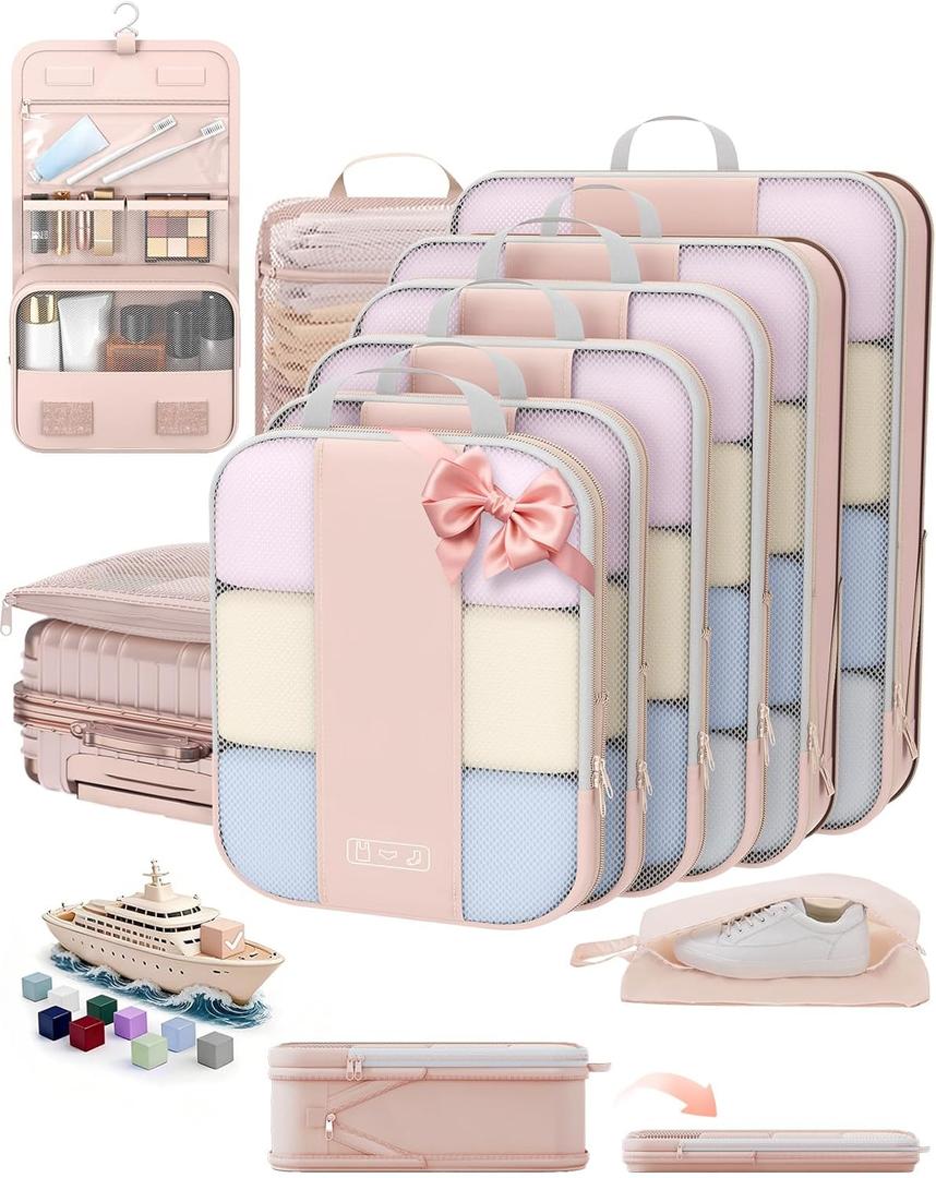 10 Set Compression Packing Cubes for Travel Gifts Women Mom,OlarHike Luggage Clothes Organizer for Travelers,Airplane/Cruise/Car/Train Travel Essentials,Compressible Expandable Saver Space Bags(Beige)