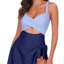 MFAVIP One Piece Swimsuit Women Tummy Control Swim Dress Sexy Criss Cross Tie Back Bathing Suit Blue, XL