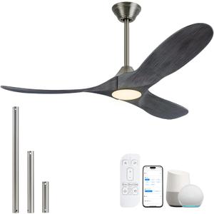 52 inch Ceiling Fans with Lights Solid Wood Outdoor Smart Ceiling Fan for Patio with Alexa/Tuya App, 3 Gray Propeller Blades, High CFM Ceiling Fan for Living Room Bedroom Gazebo, ETL Listed
