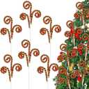 Janinka 12 Pcs Red Green Candy Christmas Tree Picks 11.81 Inches Woolen Bells Candy Cane Curly Picks for Xmas Tree Topper Branches Ornaments Vase Filler Home Decor