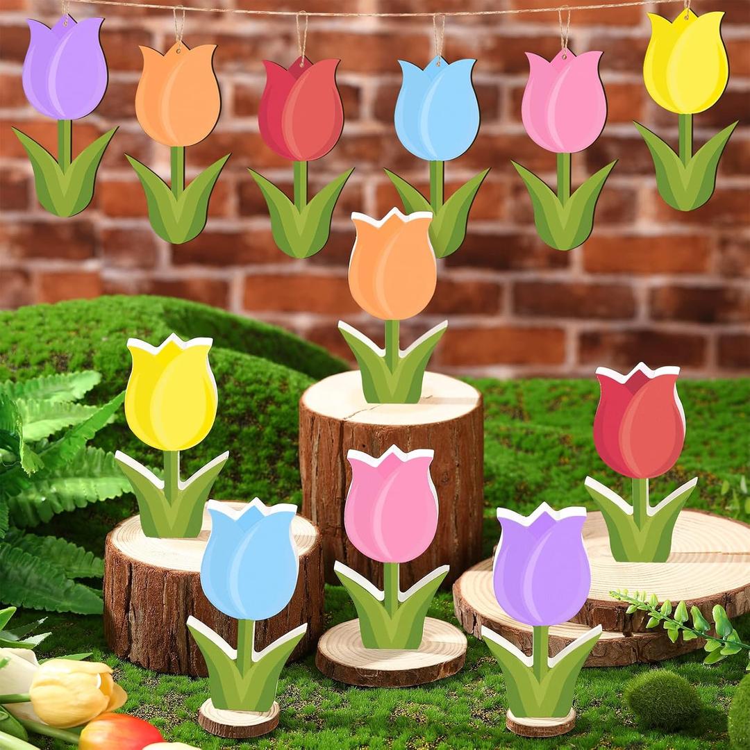Panelee 30 Pcs Easter Tulip Decorations 6 Spring Tiered Tray Decor 24 Wooden Tulip Hanging Ornaments for Tree Spring Flower Wood Signs Easter Centerpieces for Table Home