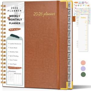 3 x 2026 Planner, Weekly and Monthly Calendar Planner from January 2026 - December 2026, 8.5" x 11" Hardcover Leather Hourly Appointment Book with Tabs, Spiral Daily Planners for College School Work Home, Brown (A4)