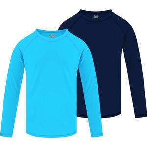 2 Pack Boys Rash Guard Swim Shirt Long Sleeve UPF+ 50 Sun Swimwear for Toddler Kids Rashguard Water Swimming Shirts (7-8 Years, Blue & Navy Blue)
