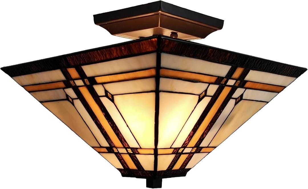 Tiffany Style Ceiling Fixture Lamp Mission 14" Semi Flush Mount Wide Stained Glass Tan Brown Antique Vintage Light Decor Living Room Bedroom Kitchen Hallway Gift AM085CL14B Amora Lighting