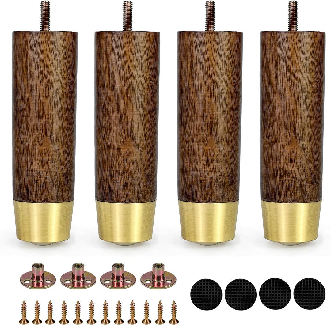6 Inch Wooden Furniture Legs with Gold Cap Set of 4 Sofa Replacement Solid Wood Furniture Feet for Armchair Couch Cabinet Dresser Ottoman TV Stand Bed Legs (6inch)
