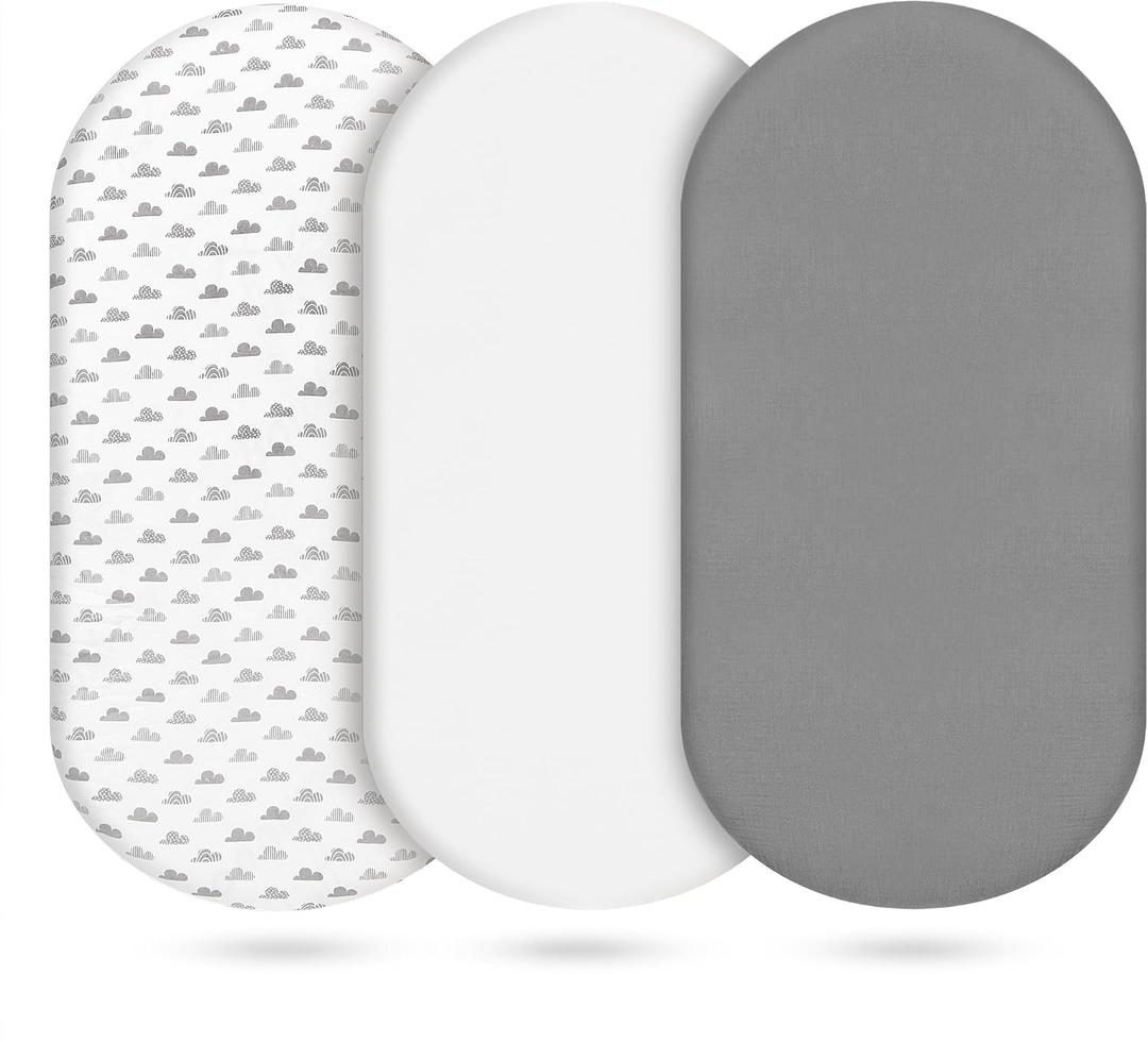Muslin Bassinet Sheets 3 Pack, Cotton Bassinet Sheets for Baby Girl and Boy, Breathable Bedside Sleeper Bassinet Fitted Sheet, Universal Rectangle & Oval Bassinet Cover, 28x14 to 33x18, Cloud Gray