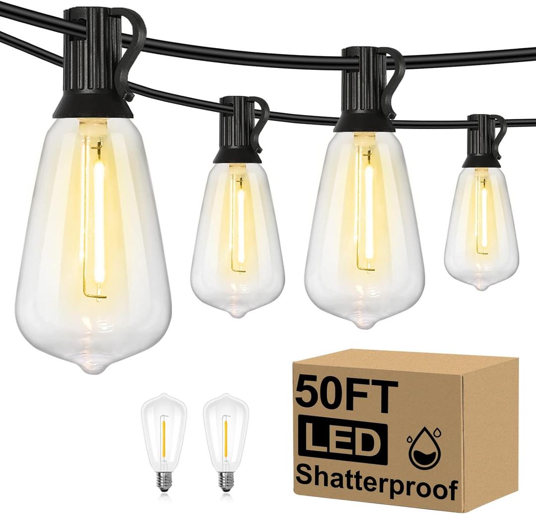 Brightever 50FT Outdoor String Lights Waterproof, 2700K Bright LED Patio Lights with 27 ST38 Shatterproof Vintage Bulbs, Retro Connectable Edison String Lights for Outside, Garden, Balcony, Porch (50FT-Warm White, Black Wire)