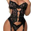 Avidlove Women's Underwire Lingerie Set with Garter Belt Sexy Lace  Bodysuit Cut Out Rhinestone Teddy Lingerie (No Stockings) (Black) Small