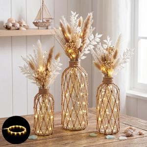 1 Piece Coastal Glass Vases for Flowers with Boho Hemp Rope Wrapping & USB String Lights Nautical Glass Jar for Wedding Table Centerpieces Floral Arrangement Decor, Nautical Home Decor