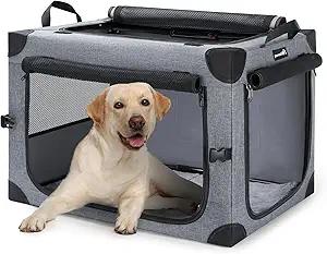 Pecute Collapsible Dog Crate, Folding Soft Crate for Dog, Large Dog Portable Kennel, 34.6 Inch Travel Dog Crate, Breathable Mesh Windows Dog Cage for Indoor Outdoor, Car, Camping, Grey