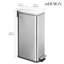mDesign Slim Metal Rectangle 7.9 Gallon Trash Can with Step Pedal, Easy-Close Lid, Removable Liner - Narrow Wastebasket Garbage Container Bin for Bathroom, Bedroom, Kitchen, Office - Brushed Chrome