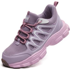 Hogent Steel Toe Shoes for Women Men Wide Non Slip Work Sneakers Indestructible Shoes Lightweight Breathable Construction Sneakers Puncture Proof Ergonomic Design (Whitepurple, 35)