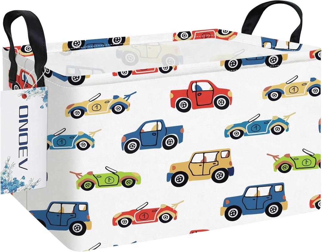 Rectangular Kids Car Storage Basket, Collapsible Fabric Toy Organizer Bin with Handles, Cute Cartoon Car Pattern Storage Box for Boys Room, Nursery, Playroom, Closet (Car)