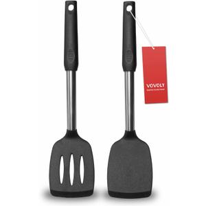 2 Pack Spatulas, Solid & Slotted Silicone Spatula Set, Stainless Steel Handle Coated with Silicone, Non Stick Turners, Heat Resistant Rubber Spatulas for Fish, Eggs, Pancakes, WOK, Black