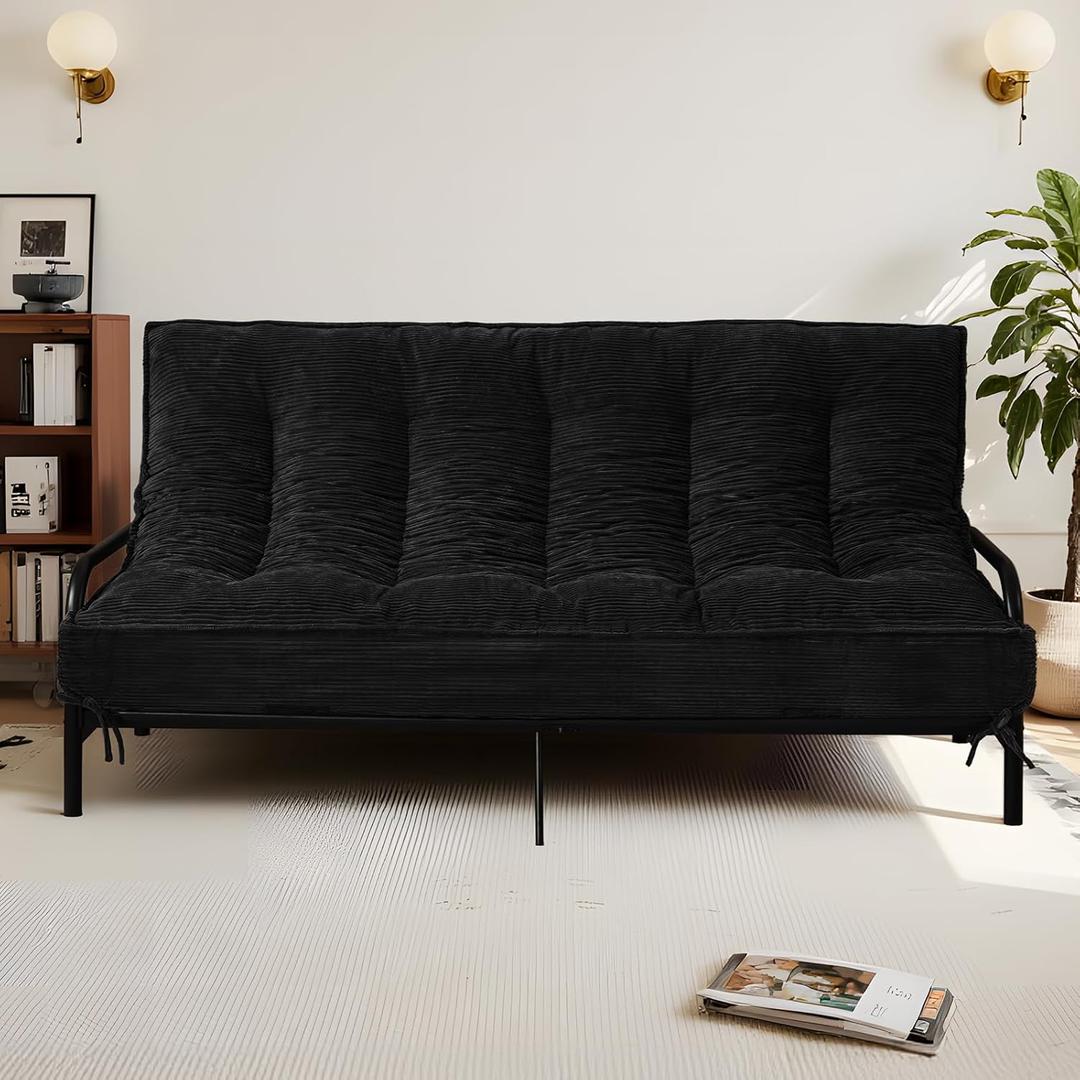 8 Inch Futon Mattress Full Size, Futon Floor Sofa Bed Foldable with Soft Corduroy Fabric - High Resilience Foam Filling - 2 Storage Straps for Home, Guest Room, Dorm, Black (Frame Not Included)