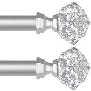 TONIAL 2 Pack Curtain Rods 32 to 58 Inch(2.6 to 4.8 ft), Telescoping Splicing 3/4 Single Rods for Windows 20 to 53 Inch(1.7 to 4.4 ft) Decorative Drapery Rod with Translucent Diamond Finial, Silver 2 Pcs