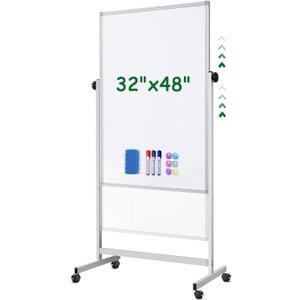 Rolling Whiteboard on Wheels, 32x48 Inches Double-Sided Magnetic Dry Erase Board with Stand, Height Adjustable Mobile White Board Easel for Classroom Home Office