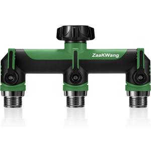 Full Flow Heavy Duty 3 Way Hose Splitter, Rugged Garden Faucet Adapter, Spout Diverter T - Way Adapter with Extended Handle, 3/4 GHT Thread, Green