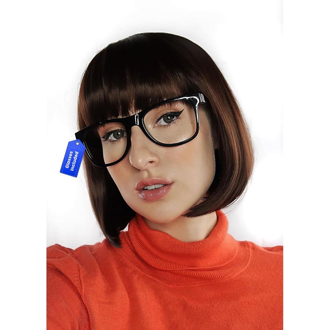ALLAURA Compatible with Velma Wig  Brown Bob Wig with Glasses for Women  Cosplay, Flapper Wig with Bangs, Cartoon Detective Look, Halloween Costume, Dora Style, Retro Nerdy Outfit Accessory