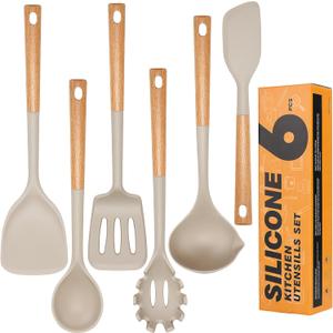 Silicone Cooking Utensils Set, Heat Resistance Large Kitchen Utensils Set with Long Wooden Handle, BPA-free Silicone Spatula, 6 Pcs Cooking Spoons for Non Stick Frying Pans and Pots, Khaki