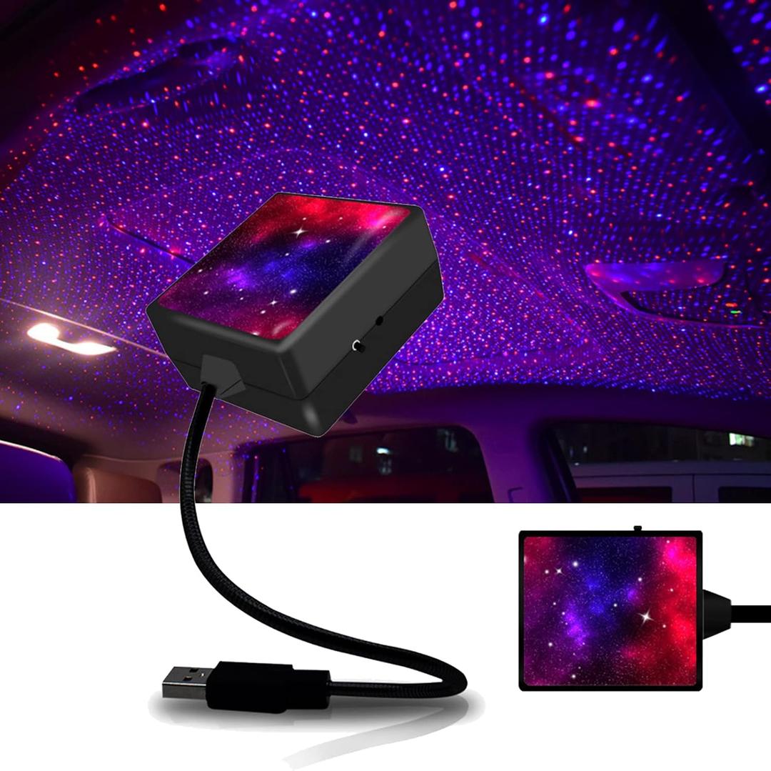 Car Roof Star Night Light, VOVCAMLS USB Projector Night Light Neon Accent Light Decor with Sound Activated Strobe and Auto Rotating Adjustable Ceiling Light for Car Bedroom Party Romantic