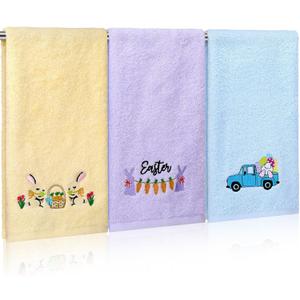 2 x Moukeren 3 Pcs Easter Hand Towels for Bathroom 14 x 29 Inch Cotton Embroidered Easter Kitchen Towels Bunny Carrot Truck Decorative Blue Yellow Purple for Home Drying Cleaning Cooking