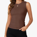 Rooscier Women's Racerback Crew High Neck Knit Ribbed Slim Fitted Casual Basic Tank Top Shirts, L, Dark Brown