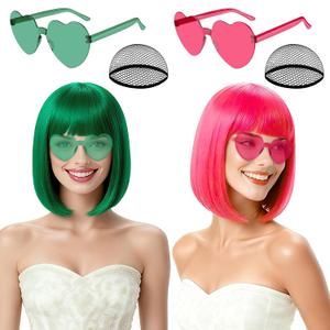 2 Pack Colored Bob Wigs and Heart Sunglasses Set, Green Hot Pink Short Straight Bob Wig with Bangs Neon Party Colorful Synthetic Hair for Women Men Halloween Costume Bachelorette Party Favors