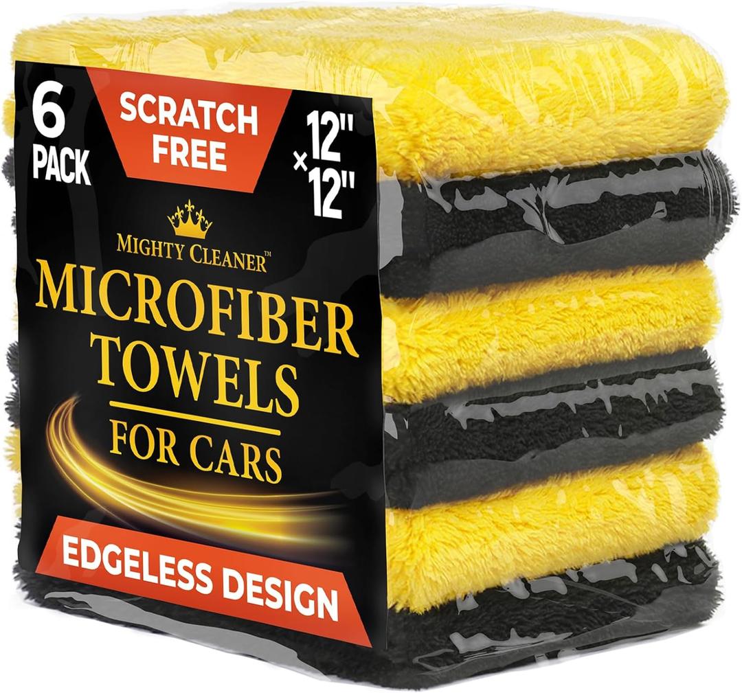 Super Soft Microfiber Towels for Cars - Edgeless - 6pk (12x12) - Premium Scratch-Free Towel - Great for Drying, Detailing, Polishing, Buffing - Ultra Absorbent Microfiber Cleaning Cloths for Car (Black and Yellow)