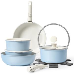 15Pcs Pots and Pans Set Non Stick, Cookware Sets with Detachable Handle, Nonstick RV Kitchen Cooking Tools Removable Handles, Oven Safe, Induction Fast, Stackable Induction Cookware, Blue