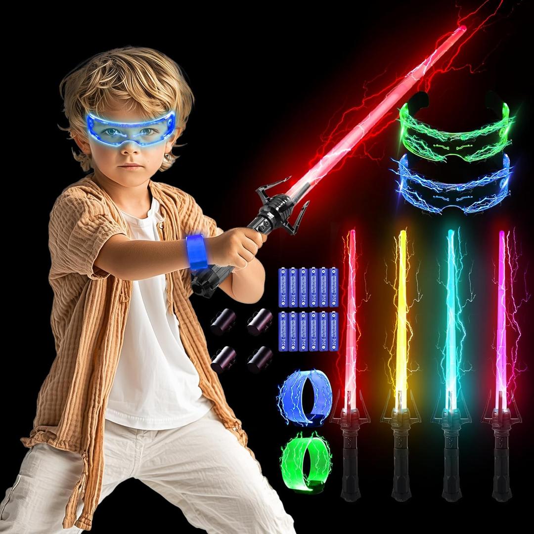 SANCO Light Up Sabers Set for Kids - 4 Pack 7 Colors Retractable Mechanical Claw Power Swords with FX Sound, 2PCS LED Glasses & Wristbands, Glowing Toys for Christmas, Birthday Gifts for Boys & Girls