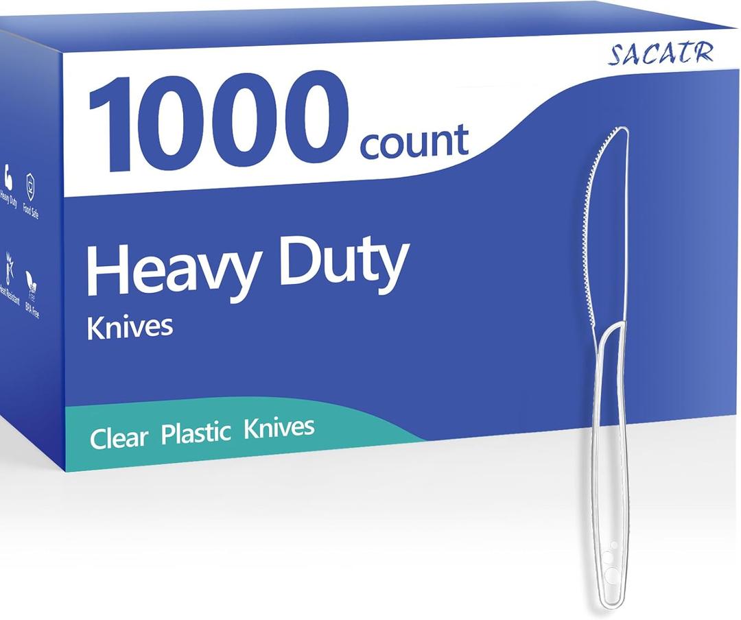 SACATR 1000 Count Heavy Duty Plastic Knives Disposable, BPA-Free Clear Plastic Knives Bulk – Extra Thick, Heat Resistant, for Catering, Parties, Events
