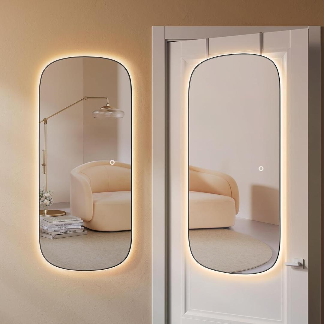 SONGMICS LED Mirror, Arched Wall Mirror Full Length, 47.2" x 18.5" Mirror for Wall Door, Frameless Glass Mirror Decor, for Bedroom Living Room Dressing Room, Ink Black ULFM011B01