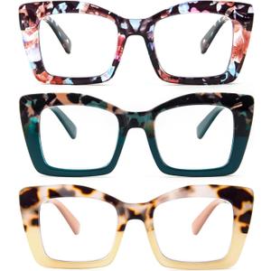REAVEE Oversized Square Reading Glasses for Women, Blue Light Blocking Large Frame Computer Readers Spring Hinge