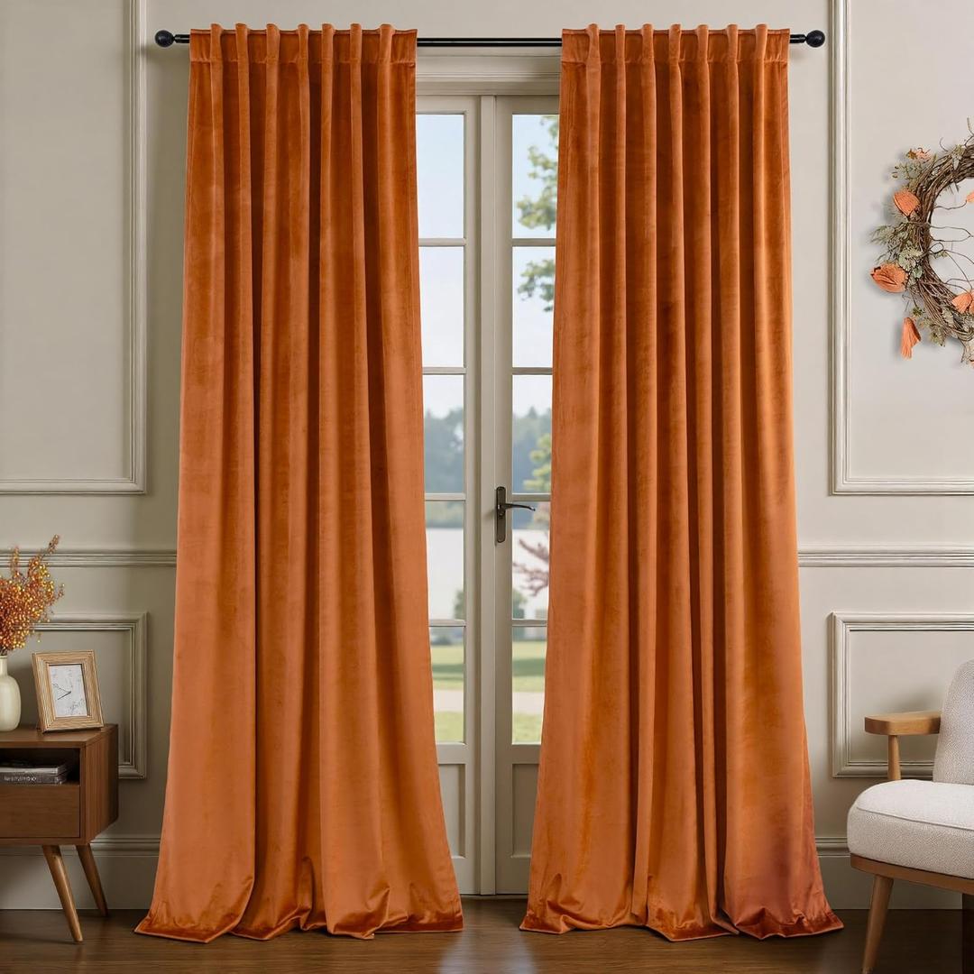 Burnt Orange Velvet Curtains 84 Inch Length for Living Room Darkening 2 Panels Back Tab Pocket Thermal Insulated Fall Long Drapes Western Curtains for Bedroom Mid Century Modern Decor Terracotta Rust