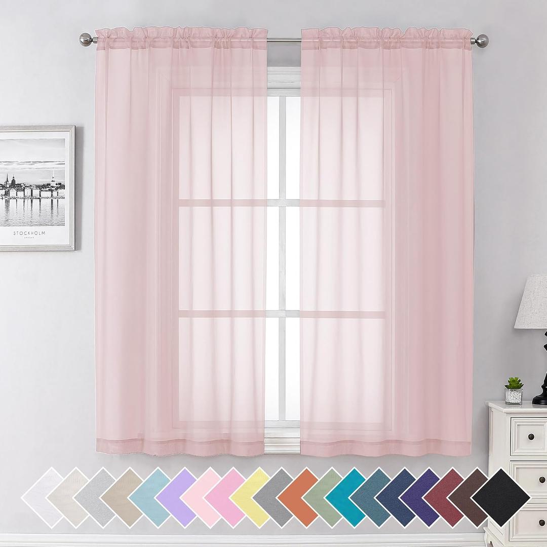 Aiyufeng Blush Pink Sheer Curtains 63 Inch Length 2 Panels Set, Light Filtering Airy Rod Pocket Light Pink Window Curtain Treatment Drapes for Kitchen Bedroom Living, Each 40Wx63L Inches