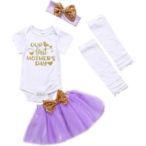 XFGLCK Newborn Infant Baby Girl My 1st Mother's Day Skirt Set Romper+Tutu Pink Dot Skirt+Headband+Legging Warmer 4Pcs, size 100